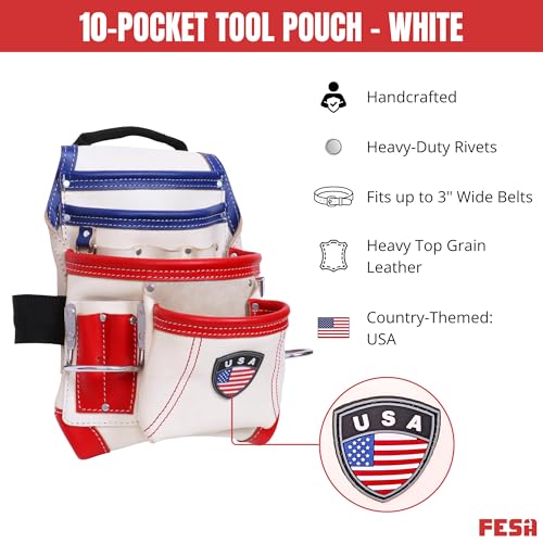 FESA Leather Carpenter Tool Pouch - 10-Pocket Heavy Top Grain Leather Carpenter Pouch with 2 Hammer Loops, Large & Small Pockets - Fits Work Belts up to 3" - Handcrafted - Country-Themed - color: White - USA