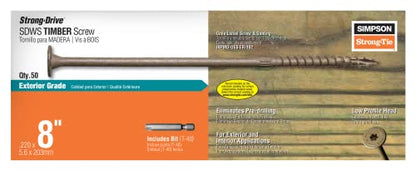 Simpson Strong-Tie SDWS22800DB-R50 Strong-Drive SDWS Timber Screws (Exterior Grade), 0.220 Inch x 8 Inch, Double-Barrier Coated, Washer Head, Sawtooth Point, Tan (Pack of 50)