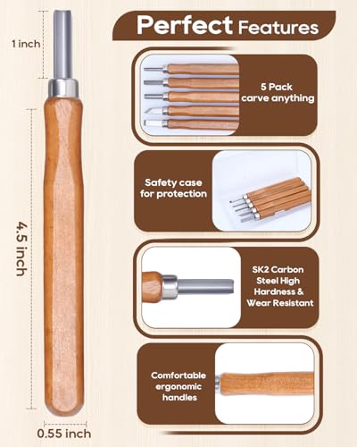 UCEC 5Pk Wood Carving Tools Set, Linocut Whittling Knives with Chisel Gouge - color: Wooden-5 Pack