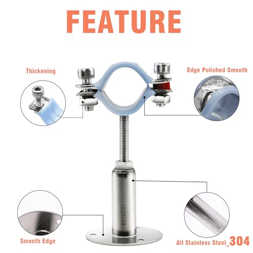 AKIHISA 2 Pcs 304 Stainless Steel Pipe Supports, Wall Mount Ceiling Mount Pipe Hanger, Pipe Holder for OD Pipe 25-27MM Adjustable Height Range 50-100mm - size: 25-27mm, style: Adjustable Height 50-100mm