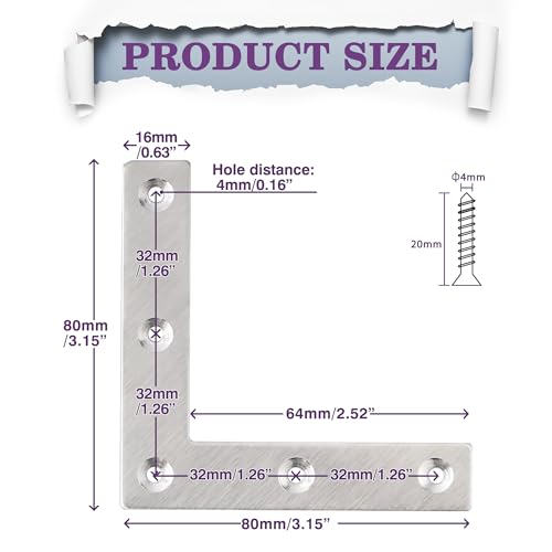 Alise L Flat Brackets for Wood,Corner Bracket Mending Plate,Brushed,10Pack - size: 80x80mm(10Pcs), style: Brushed