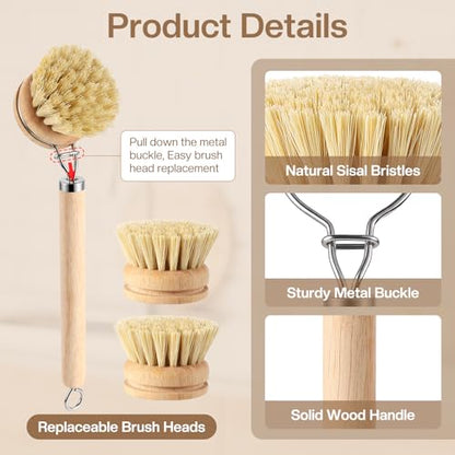 5 Pcs Bamboo Dish Brush Set Includes 1 Wooden Handle with 3 Natural Replaceable Bristle Heads and 1 Handheld Bamboo Wok Brush Scrubber for Dishes Pans Pots Fruit and Veggie Washing(Style B)