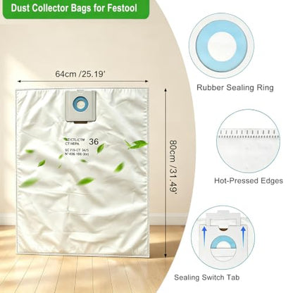 10 Pack 496186 Vacuum Bags for Festool CT 36 CTL 36 CTM 36 SelfClean