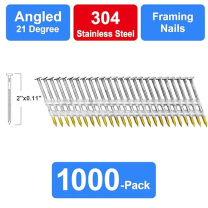 304 Stainless Steel 21 Degree 2 Inch Framing Nails,1000-Pack - size: 2"--1000 pcs