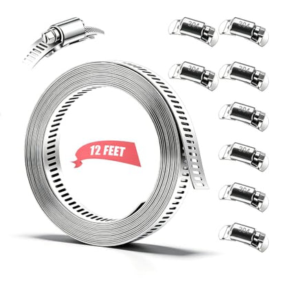 Dianrui DIY Hose Clamps 12FT 304 Stainless Steel Metal Strap + 8PCS Stronger Fasteners Assortment Kit Large Adjustable Pipe Clamps Band Clamp for Pipe Automotive Mechanical - size: 12FT