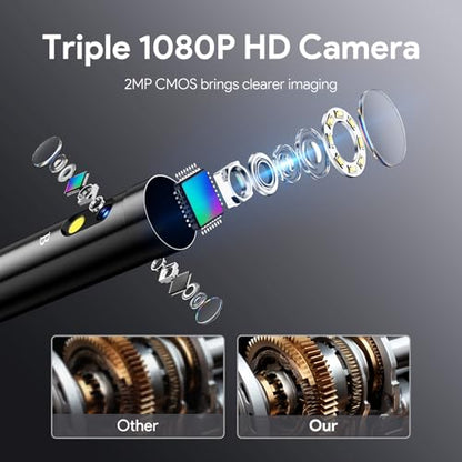 DEPSTECH Triple Lens Inspection Endoscope Camera with Light, 5" IPS Screen