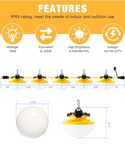50FT Construction String Lights 65W 8000LM LED String Work Lights - size: 50FT 65W 2 Prong 5000K Daylight