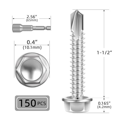 #10 x 1-1/2" (150 PCS) Sheet Metal Screws, Hex Washer Head Self Drilling Screw, 410 Stainless Steel Flanged Fast Self Tapping Screws - size: #10 x 1-1/2"