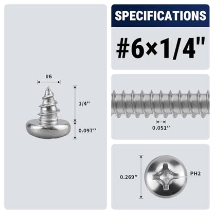 #6 x 1/4" (100 Pack) Stainless Steel Phillips Pan Head Wood Screws, Stainless Steel 304 (18-8), Pan Head Sheet Metal Screws Self Tapping for Wood - size: #6 x 1/4"