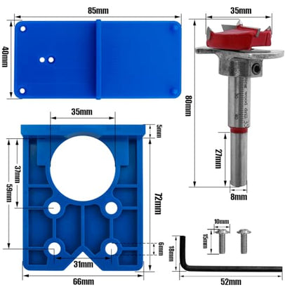 35mm Concealed Hinge Jig Kit, Bestgle Woodworking Tool Drill Bits Hinge Drilling Hole Router Jig for Cabinet Cupboard Door Installation, Hinge Hole Drill Guide Set with 35mm Forstner Bit