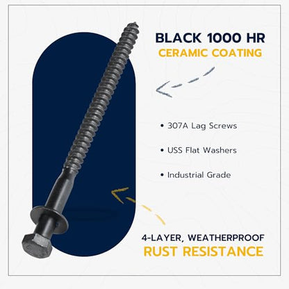 5/16 x 6 (50 Pack) Lag Screw Kit, 50 Screws and 50 Washers, Ceramic Black Ruspert Coating for Exterior Use, Meets ASTM A307 and ASME B18.2.1, Industrial/Commerical Grade by Makers Bolt - size: 5/16 x 6