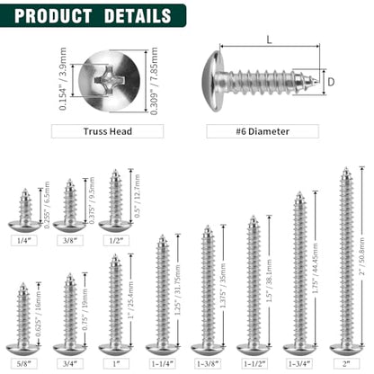 #6 x 1/2" Truss Head Wood Screw, Phillips Truss Head Self Tapping Sheet Metal Tek Screw, 18-8 Stainless Steel 304, Brgiht Finish, 100 PCS - size: #6 x 1/2"