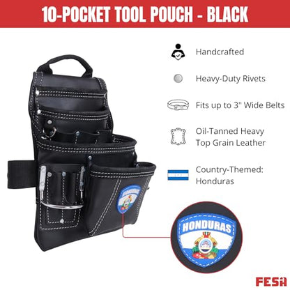 FESA Leather Carpenter Tool Pouch - 10-Pocket Heavy Top Grain Leather Carpenter Pouch with 2 Hammer Loops, Large & Small Pockets - Fits Work Belts up to 3" - Handcrafted - Country-Themed - color: Black - Honduras