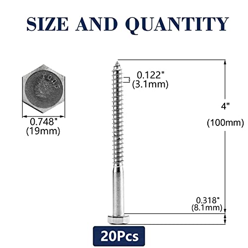 1/2" x 4" Hex Head Lag Screws Bolts 20Pcs 304 Stainless Steel 18-8, Partial Thread, Hexagon Head Wood Screws by SG TZH - size: 1/2-13 x 4"