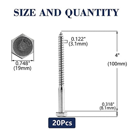 1/2" x 4" Hex Head Lag Screws Bolts 20Pcs 304 Stainless Steel 18-8, Partial Thread, Hexagon Head Wood Screws by SG TZH - size: 1/2-13 x 4"