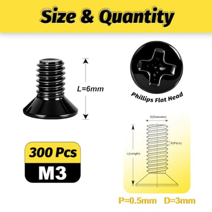 KADRICK M3 x 6mm Countersunk Screws, 300PCS, M3 Flat Head Screws - size: M3x6mm 300PCS