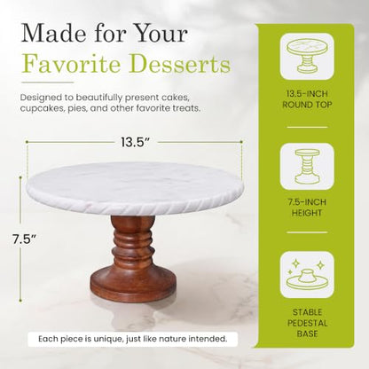 Go Home White Marble Cake Stand with Wooden Base – Elegant Round Cake Stand