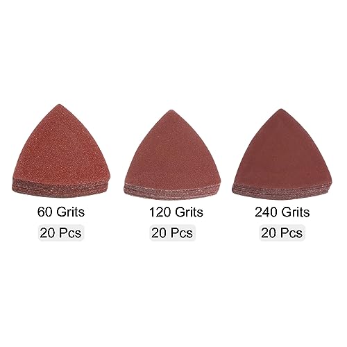 HARFINGTON 60pcs Triangular Hook & Loop Sandpapers 60/120/240 Grits 3-1/8" Aluminum Oxide Sanding Pads Mouse Detail Sander Papers Multitool Sheets Set (20pcs of Each Grits) - size: 60/120/240 Grits