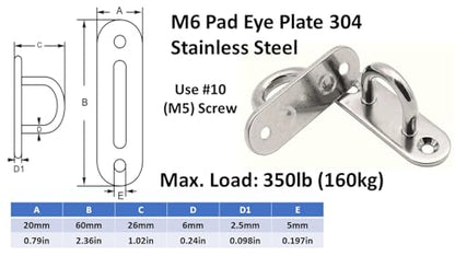 Heavy Duty 304 Stainless Steel Hammock Ceiling Hook Pad Eye Plates Corrosion Resistant (2 Pack M6 Stainless) - color: 2-PACK M6 STAINLESS