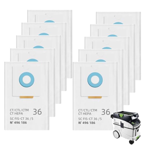 10 Pack 496186 Vacuum Bags for Festool CT 36 CTL 36 CTM 36 SelfClean