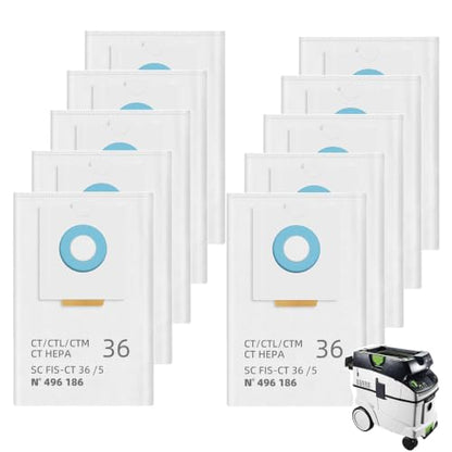 10 Pack 496186 Vacuum Bags for Festool CT 36 CTL 36 CTM 36 SelfClean