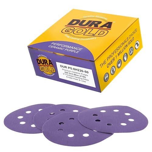Dura-Gold 220 Grit 5" Purple Film Ceramic Sanding Discs, Box of 50, 8-Hole - style: 220 Grit