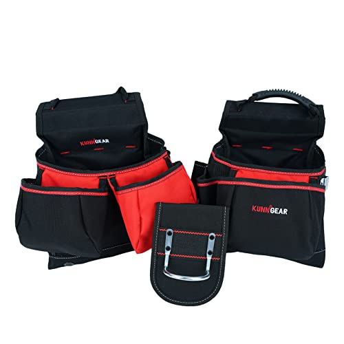 KUNN Tool Belt with Suspenders - Pro Framer Belt/Suspenders Combo Apron(Removable Pouch and Waist Belt) with Multiple Pockets & Hammer Holder for Carpenter,Construction and Electrician,Red