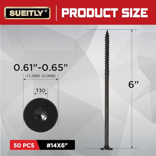 #14 x 6 Black Exterior Wood Screws, T30 Torx Drive Heavy Duty Deck Screws for Posts & Timbers (50 Pack) - size: #14 x 6"