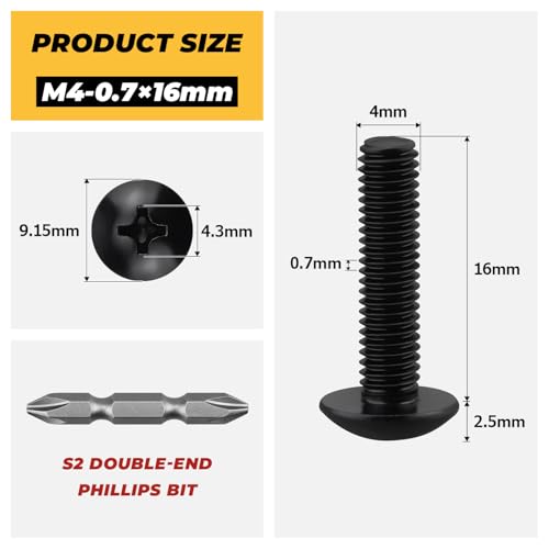 100pk M4 x 16mm Black Truss Head Machine Screws, 304 SS + Bit - size: M4-0.7 x 16mm