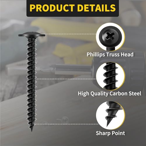 Truss Head Wood Screws #8 x 1-1/2 Inch, 70PCS, FIXLINK Self Tapping Screws - color: Black, size: #8 x 1-1/2"