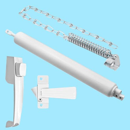 Pneumatic Door Closer Kit for Screen and Storm Doors, Includes Push Button Latch and Protector Chain Spring (White All-in-One, 1 Set) - style: White All-in-One
