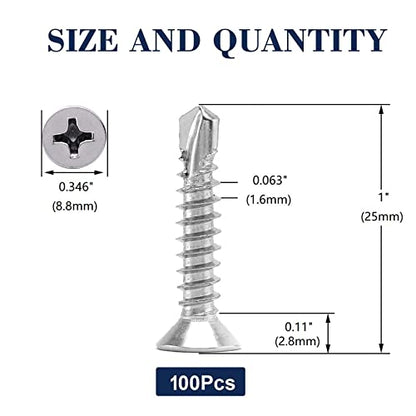 #10 x 1" Sheet Metal Screws 100Pcs 410 Stainless Steel Flat Head Tek Screws Fast Self Tapping Screws by SG TZH - size: #10 x 1"