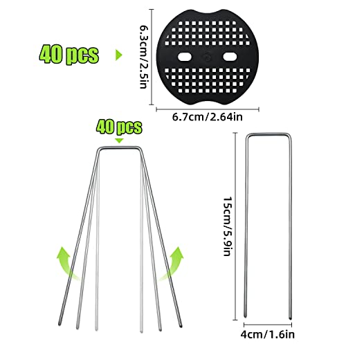 40 Pack 6 Inch Landscape Staples & 40pcs Fixing Gasket Sets, Garden Stakes Galvanized Steel Fabric Pins Heavy-Duty U Shape Sod Turf Pins for Ground Weed Fabric Barrier, Orchard, Yard, Tents - size: 40 Landscape Staples + 40 Gaskets