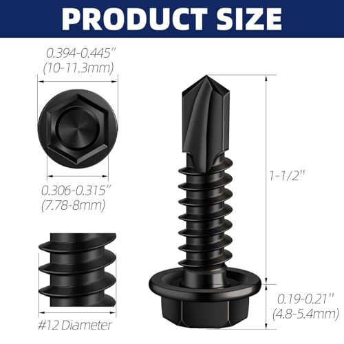 #12 x 1-1/2" (5/8" to 3" Available) Hex Washer Head Self Drilling Sheet Metal Screws with Drill Point, Stainless Steel 410, Black Oxide, 50 PCS - color: Black, size: #12 x 1-1/2"