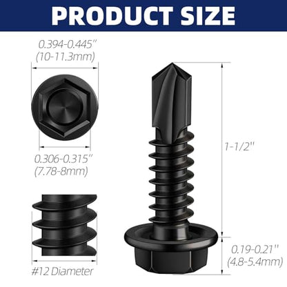 #12 x 1-1/2" (5/8" to 3" Available) Hex Washer Head Self Drilling Sheet Metal Screws with Drill Point, Stainless Steel 410, Black Oxide, 50 PCS - color: Black, size: #12 x 1-1/2"