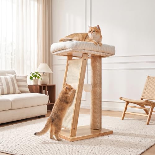 27.5" 3-in-1 Natural Pine Wood Cat Scratching Post for Small Medium Cats - size: Medium