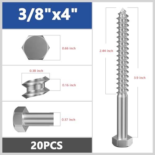 Wensilon Lag Screws Wood Screws (20PCS, 3/8"x4", Silver) Hex Head Lag Bolts,(10x100) Heavy Duty Lag Screws,304 Stainless Steel Bolts 18-8 - color: Silver, size: 3/8"x4"