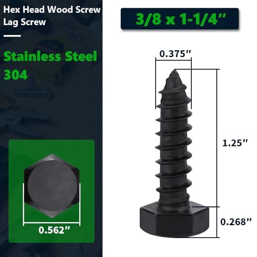 12-Sets 3/8 x 1-1/4" Black Hex Head Lag Screws & Flat Washers, Heavy Duty Wood Lag Screws, 304 Stainless Steel (18-8), 3/8" Bolt - size: 3/8 x 1-1/4