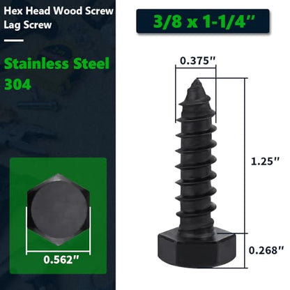 12-Sets 3/8 x 1-1/4" Black Hex Head Lag Screws & Flat Washers, Heavy Duty Wood Lag Screws, 304 Stainless Steel (18-8), 3/8" Bolt - size: 3/8 x 1-1/4