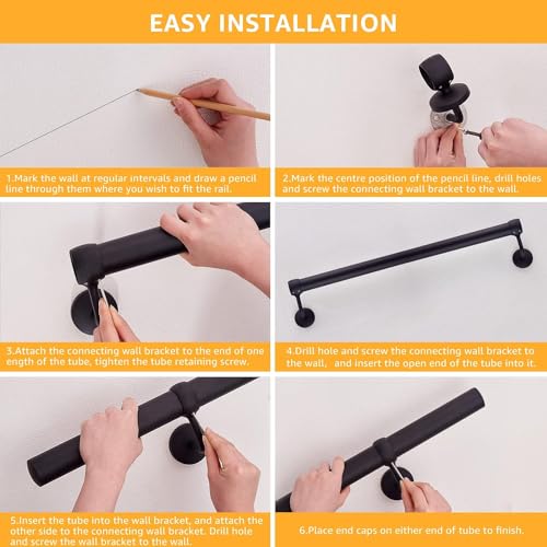 Rothley Industrial Stair Railing Indoor: 11.8Ft Metal Handrail for Indoor Stairs Matte Black Stair Rail Attach to Wall Staircase 1.6" Round Pipe Hand Railings for Elderly & Kids - size: 11.8FT