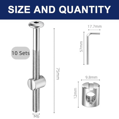 M6 x 75mm Flat Head Socket Head Screw Furniture Bolts and Barrel Nuts, with Allen Wrench Perfect for Furniture, 10 Sets - color: Silver, size: M6 x 75mm