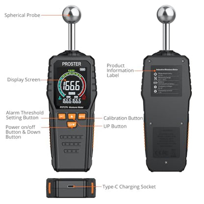 Proster Rechargeable Moisture Meter Pinless 40mm Depth 2.4" LCD 3-color Bar - color: Black+orange
