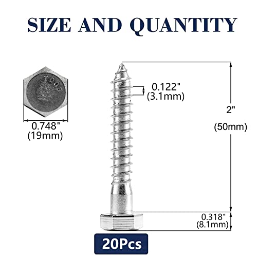 1/2" x 2" Hex Head Lag Screws Bolts 20Pcs 304 Stainless Steel 18-8, Partial Thread, Hexagon Head Wood Screws by SG TZH - size: 1/2-13 x 2"