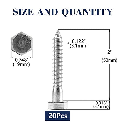 1/2" x 2" Hex Head Lag Screws Bolts 20Pcs 304 Stainless Steel 18-8, Partial Thread, Hexagon Head Wood Screws by SG TZH - size: 1/2-13 x 2"