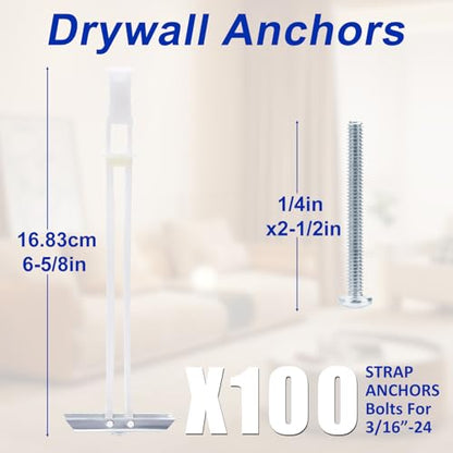 Drywall Anchor with Included Bolts for 3/16”-24, Heavy Duty Hollow Drywall Anchors for TV Mounting Kit, Stainless Steel Hollow Wall Anchors Holds up to 240 lbs Each in 1/2-in Drywall-100 Pack - size: 3/16"-24：Pack of 100