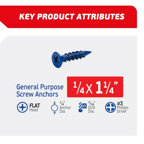 1/4 x 1-1/4" Countersunk Phillips Flat Head Blue Concrete Screw Anchors (100 pcs Screw Kit) with one Screwdriver and Drill Bit for Concrete, Masonry, Block, Brick and Wood Fastening - size: 1/4 x 1-1/4 in