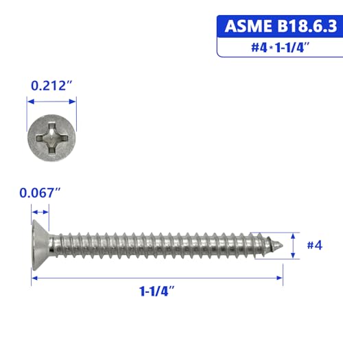#4 x 1-1/4" Flat Head Sheet Metal Screws Phillips Drive Wood Screws, 304 Stainless Steel 18-8, Pack of 100 - color: Silver, size: #4 x 1-1/4"