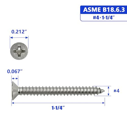 #4 x 1-1/4" Flat Head Sheet Metal Screws Phillips Drive Wood Screws, 304 Stainless Steel 18-8, Pack of 100 - color: Silver, size: #4 x 1-1/4"