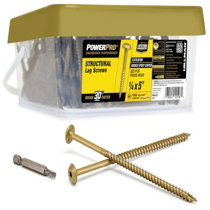 Power Pro Structural Lag Screws, 1/4in x 5in, 225 Pieces, Bronze - color: Bronze, size: 1/4 inch x 5 inch, style: 225pc