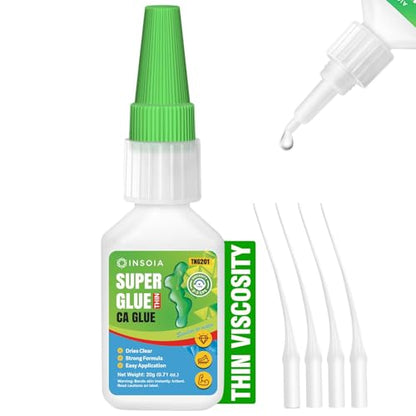 INSOIA Super Thin CA Glue, 20g, Strong Bond, with Precision Tips